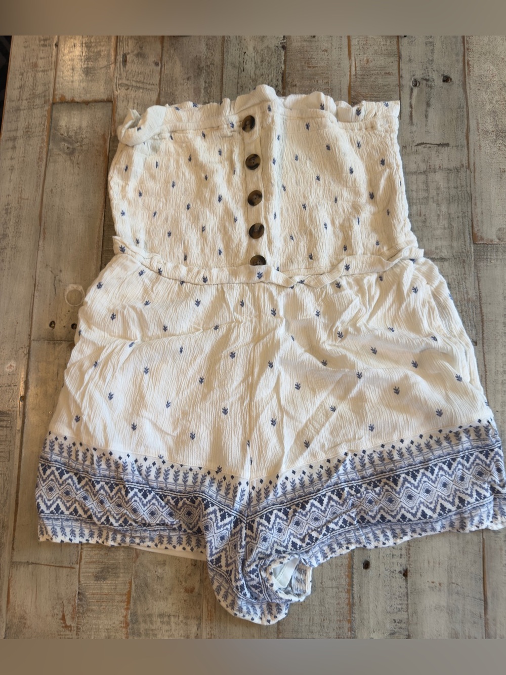 American Eagle Outfitters White Romper with Blue Motifs